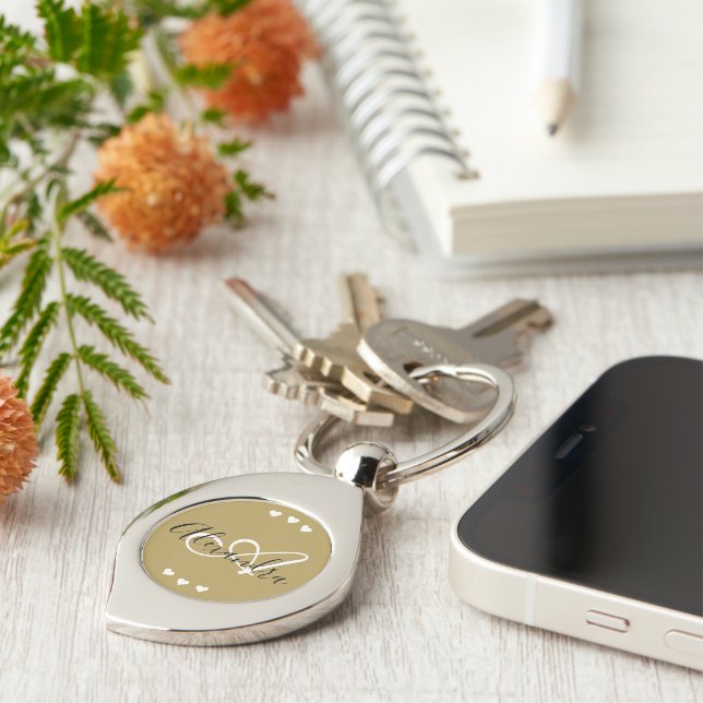 Elegant Gold Hearts Script Name Monogram Keychain (Side)