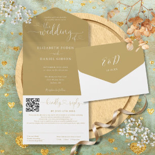 Elegant Gold Hearts Script QR Code Wedding All In One Invitation
