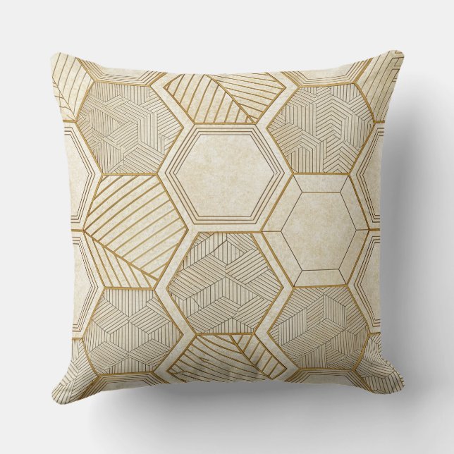 Elegant Gold Hexagon Geometric Pattern - Marble Throw Pillow (Back)