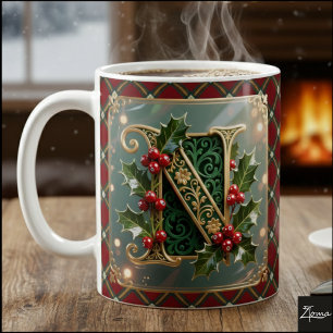Elegant Gold Holly Christmas Initial Letter N Coffee Mug