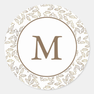 Elegant Gold Holly Monogram Holiday Classic Round Sticker