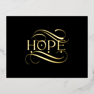Elegant Gold Hope Calligraphy Script on Black Foil Holiday Postcard