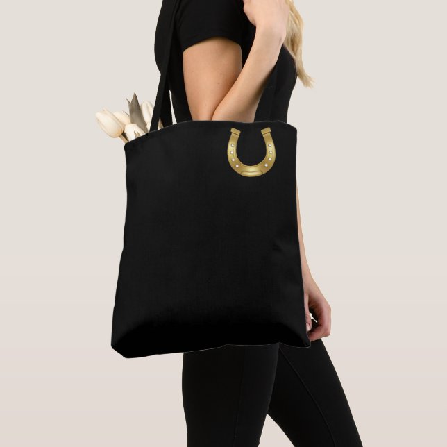 Elegant Gold Horseshoe on Black Background Tote Bag (Close Up)