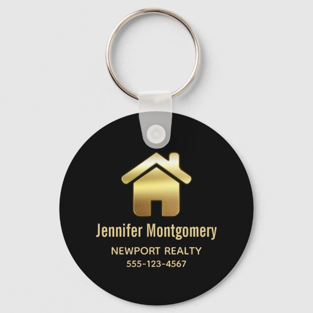 Elegant Gold House Symbol Real Estate Business Keychain (Front)