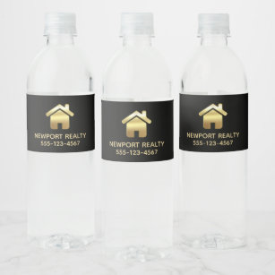 Elegant Gold House Symbol Real Estate Design Water Bottle Label