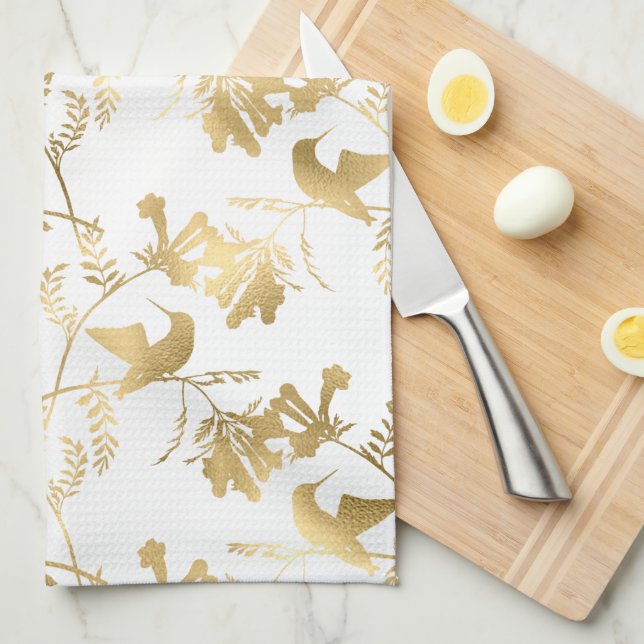 Elegant Gold Hummingbirds Glam Kitchen Towel (Quarter Fold)