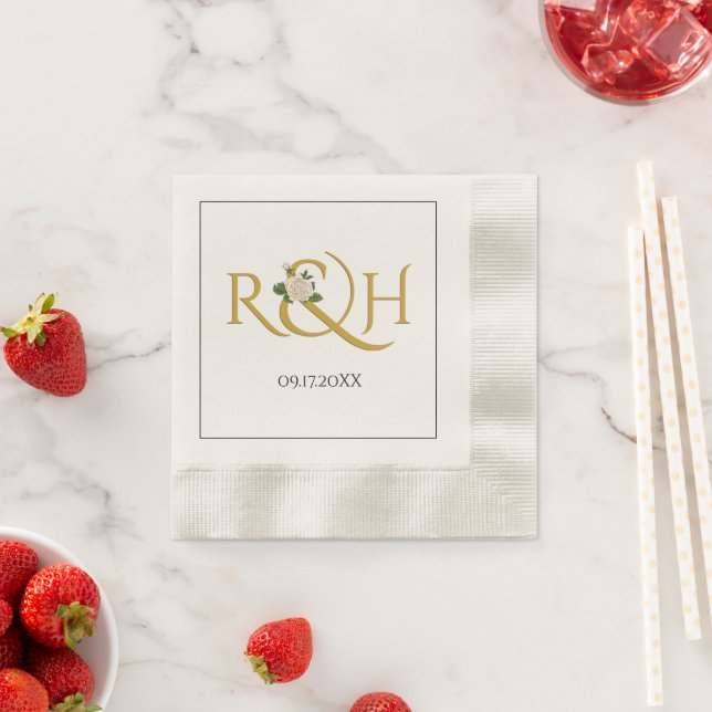 Elegant gold initials and ampersand, rose wedding napkin (Insitu)
