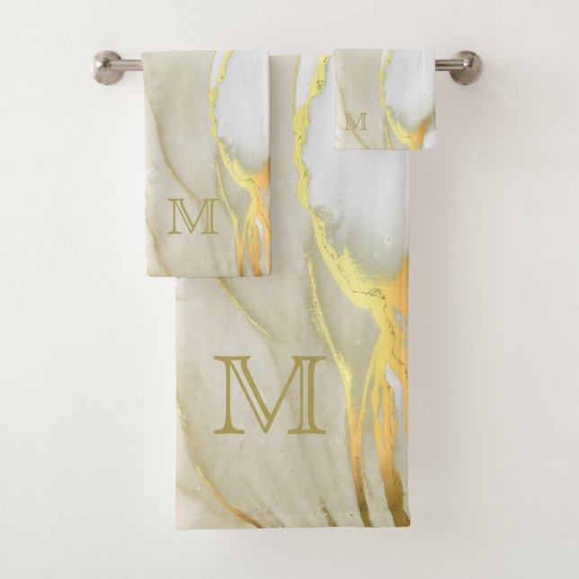 Elegant Gold Ink Abstract Pattern Monogram Bath Towel Set (Insitu)