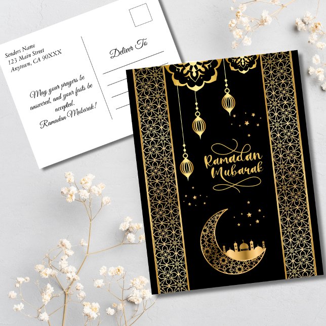 Elegant Gold Islamic Patterns Ramadan Mubarak Postcard (Elegant Gold and Black Islamic Patterns Ramadan Mubarak Postcard)