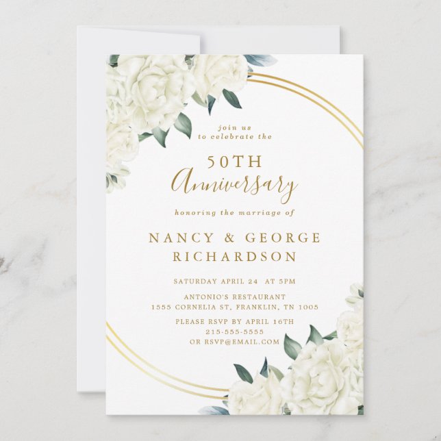 Elegant Gold Ivory Floral 50th Wedding Anniversary Invitation (Front)