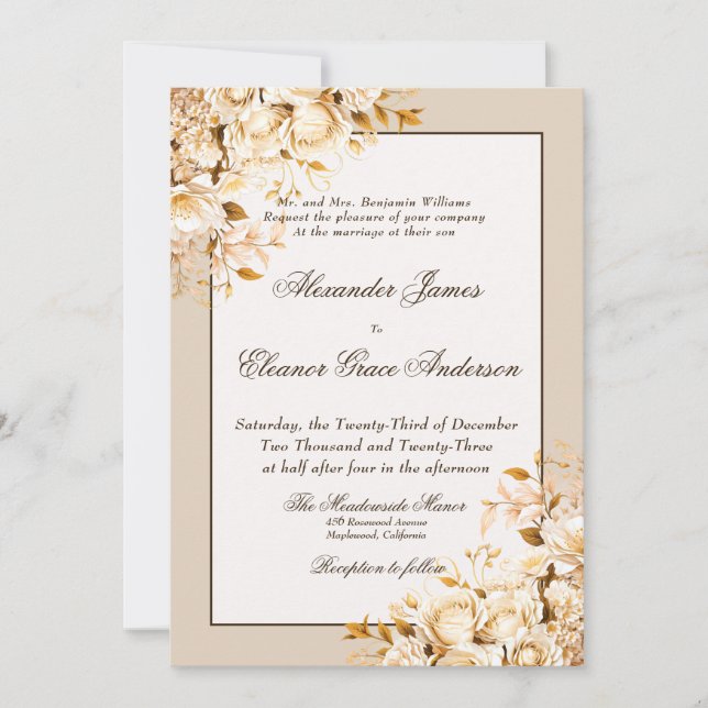 Elegant Gold & Ivory Floral Formal Wedding Invitation (Front)