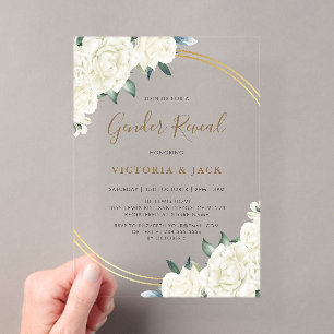 Elegant Gold Ivory Floral Greenery Gender Reveal Acrylic Invitations