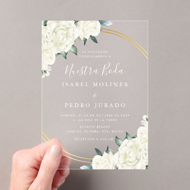 Elegant Gold Ivory Floral Nuestra Boda Wedding Acrylic Invitations (Insitu (Handheld))