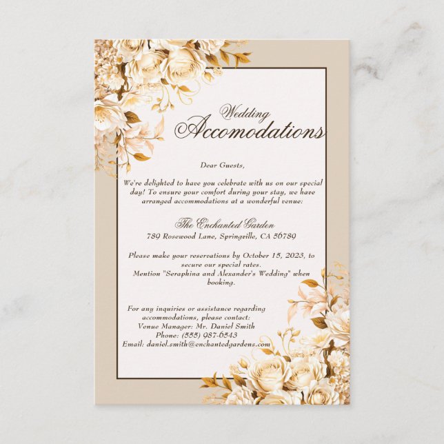Elegant Gold & Ivory Floral Wedding accommodations Enclosure Card (Front)