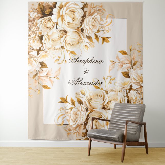Elegant Gold & Ivory Floral Wedding Backdrop Tapestry (In Situ)