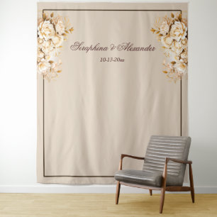 Elegant Gold & Ivory Floral Wedding Backdrop Tapestry