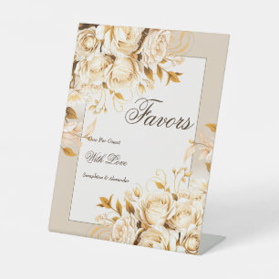 Elegant Gold Ivory Floral Wedding Favours Tabletop Pedestal Sign