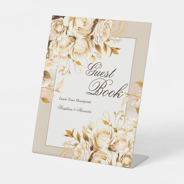 Elegant Gold Ivory Floral Wedding Guest B Tabletop Pedestal Sign (Front)