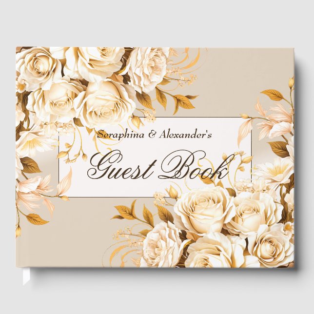 Elegant Gold & Ivory Floral Wedding Guest Book (Front)