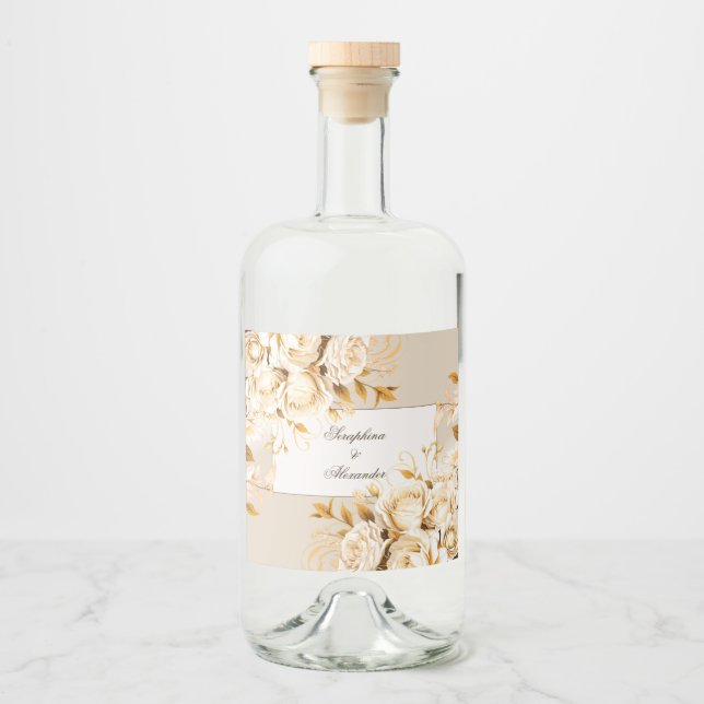 Elegant Gold & Ivory Floral Wedding Liquor Bottle Label (Front)