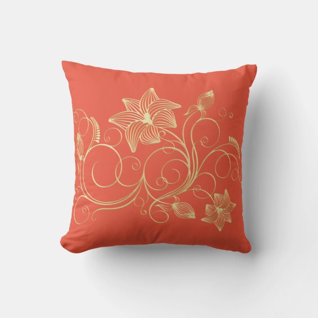 Elegant Gold Ivy Flower and Leaves Throw Pillow (Front)