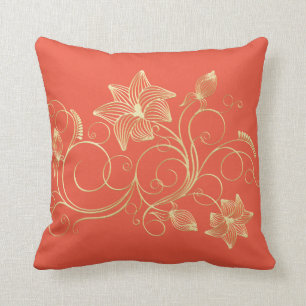Elegant Gold Ivy Flower and Leaves Throw Pillow