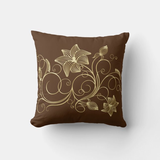 Elegant Gold Ivy Flower and Leaves Throw Pillow (Front)