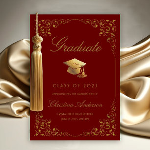 Elegant Gold Ivy Grad Cap Burgundy Graduation Announcement