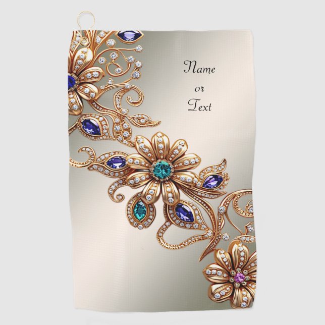Elegant Gold Jewel Flowers Golf Towel (Front)