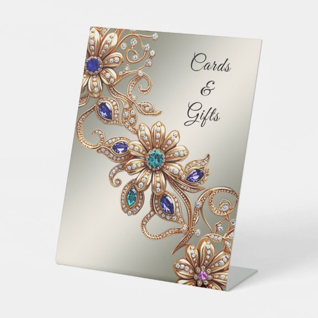 Elegant Gold Jewel Flowers Tabletop Signs (Front)