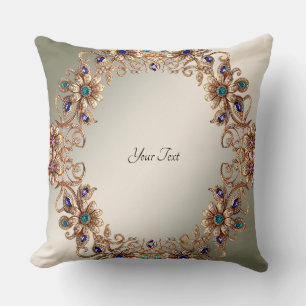 Elegant Gold Jewel Flowers Throw Pillow