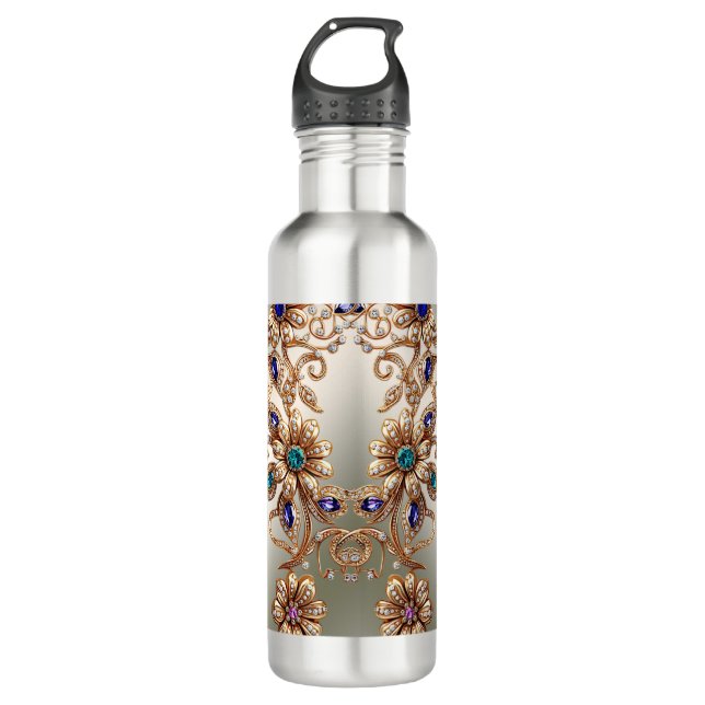 Elegant Gold Jewel Flowers Water Bottle (Front)