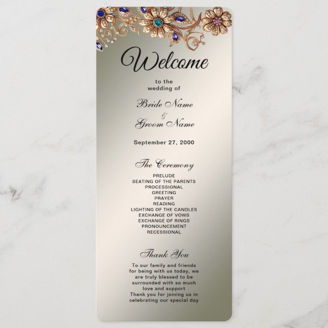 Elegant Gold Jewel Flowers Wedding Program (Front)