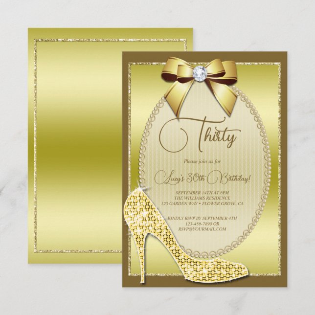 Elegant Gold Jeweld Bow & Stiletto Birthday Invitation (Front/Back)