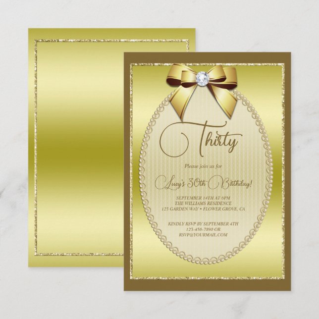 Elegant Gold Jeweled Bow Birthday Invitation (Front/Back)