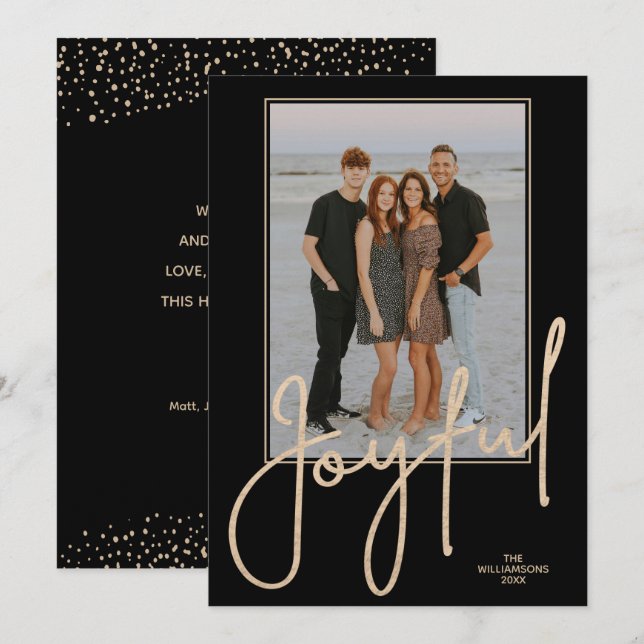 Elegant Gold JOYFUL Script Black Photo Christmas Holiday Card (Front/Back)