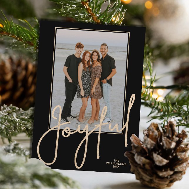 Elegant Gold JOYFUL Script Black Photo Christmas Holiday Card (Elegant Gold JOYFUL Script on black photo Christmas holiday cards, PRINTED and/or INSTANT DOWNLOAD)
