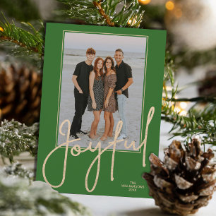 Elegant Gold JOYFUL Script Green Photo Christmas Holiday Card