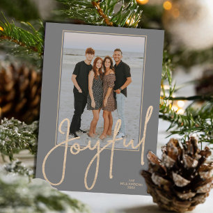 Elegant Gold JOYFUL Script on Grey Photo Christmas Holiday Card