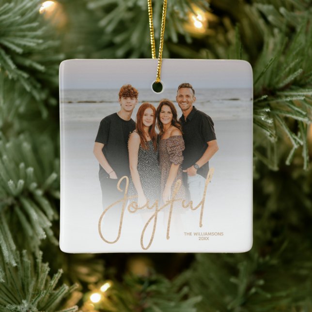 Elegant Gold JOYFUL Script Photo Christmas Ceramic Ornament (Tree)