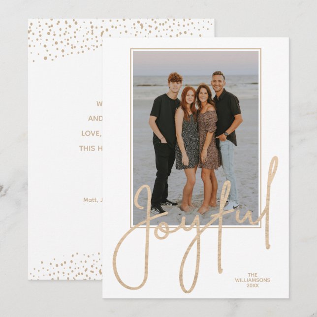 Elegant Gold JOYFUL Script Photo Christmas Holiday Card (Front/Back)