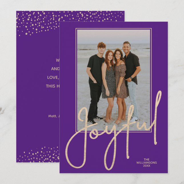Elegant Gold JOYFUL Script Purple Photo Christmas Holiday Card (Front/Back)