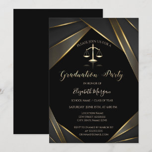 Elegant Gold Justice Scale Black Graduation Invitation