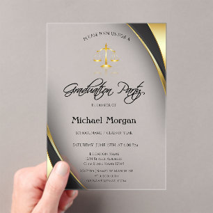Elegant Gold Justice Scale Border Grey Graduation Acrylic Invitations