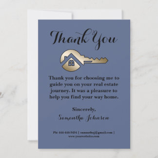 Elegant Gold Key Luxury Slate Blue Real Estate Thank You Card