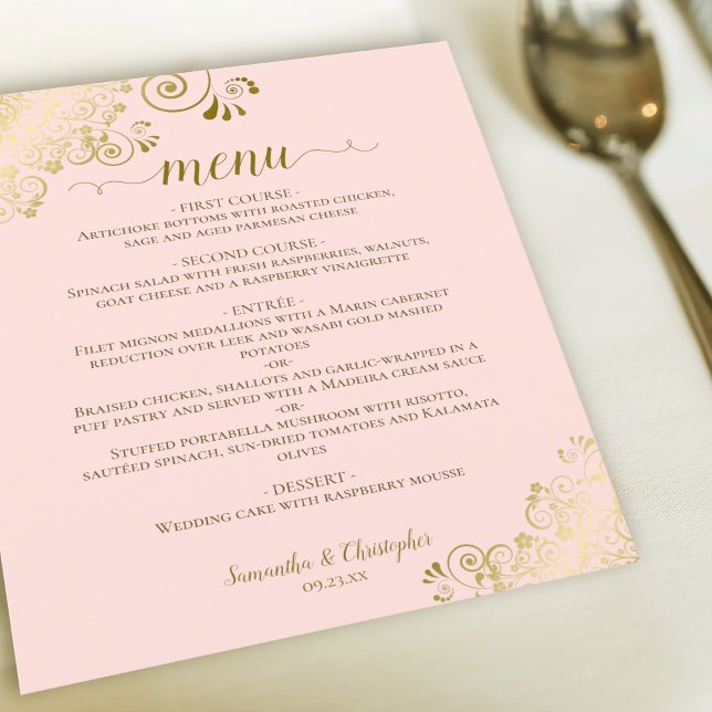 Elegant Gold Lace Blush Pink Budget Wedding Menu (Creator Uploaded)