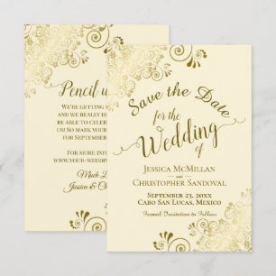 Elegant Gold Lace Filigree on Ivory Cream Wedding Save The Date