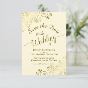 Elegant Gold Lace Filigree on Ivory Cream Wedding Save The Date