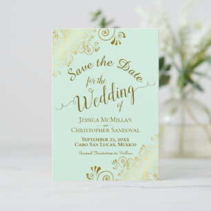 Elegant Gold Lace Filigree on Mint Green Wedding Save The Date