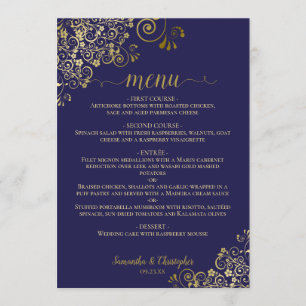 Elegant Gold Lace Frills on Navy Blue Wedding Menu